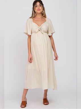 Beige Front Tie Ruffle Sleeve Maternity Midi Dress - Small